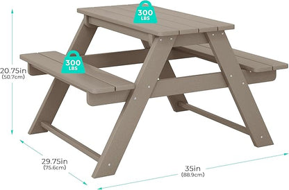 Costaelm Kids Picnic Table, HDPE All Weather Outdoor Toddler Picnic Table and Chair Set Kids Bench for Patio, Backyard, Garden, Lawn, Weathered Wood