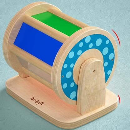 Dailyfunn Montessori Toys Wooden Spinning Drum Tummy Time Floor Mirror Toy for Babies Toddlers 1-3 Years Old