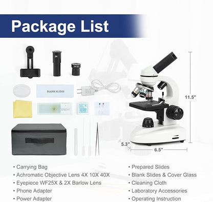 Microscope for Adults Kids Students, 100X-2000X Microscopes, Metal-Body Dual LED Illumination, Biological Compound Monocular Microscope Kit for School Lab, Homeschool w/Phone Adapter