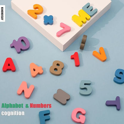 Wooden Alphabet Puzzle All in One Letters Shape Number Matching Board Montessori Educational Early Learning Toy for Preschool Kids
