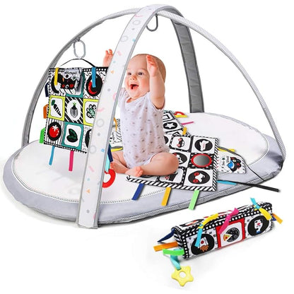 teytoy Tummy Time Floor Mirror, Double High Contrast Play and Pat Activity Mat Black and White Baby Crinkle Toys with Teether, Great Gift for Infants Boys and Girls -Pack of 4