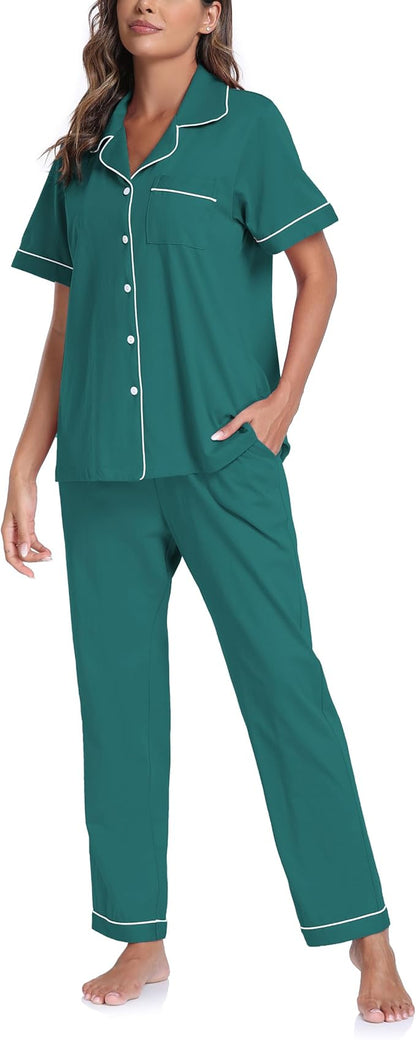 CF Womens 100% Cotton Pajamas Set Button Down Pjs Sets Short Sleeve Top & Long Pants Sleepwear Comfy Loungewear with Pockets