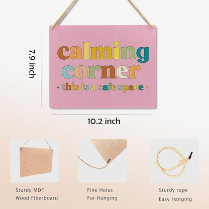 Calming Corner Hanging Wood Sign Plaque - Safe Space, Classroom Decor, School Counselor Office, Calm Down Corner Decorations, Boho Decor (Pink), 10x8