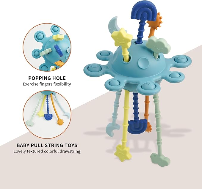 Food Grade Silicone Pull String Baby Toy, Montessori Pull String Sensory Toy for 6-12-18 Months Babies Teething Toys,Toddler Fidget Toys Birthday Gift for Infant/Toddler
