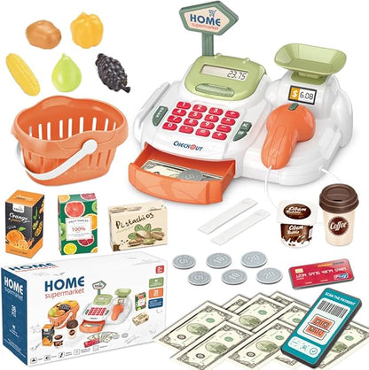 Pretend Play Cash Register Toy with Functional Caculator Cashier Scanner Toy Supermarket with Simulate Food Fruit etc Kids Grocery Store Play Money Food Shop Toy Educational Playset for Kids
