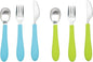 Kids Stainless Steel Utensils Set - Premium 18/8 Grade Silverware Kit - 2 Spoons, 2 Forks, and 2 Knives for Ages 4-7 - Silicone Easy-Grip Handles - Children Flatware Cutlery (Bright - Blue, Green)