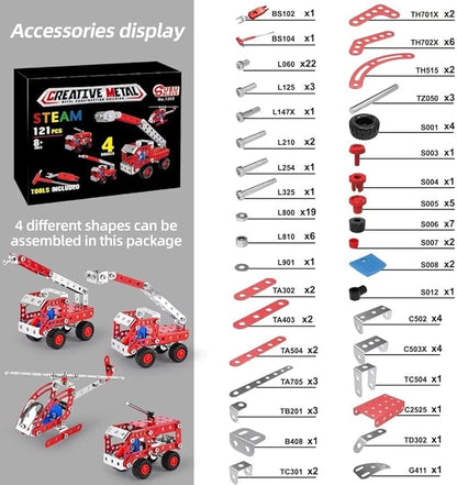 Stem Building Toys for Boys Age 8-12,Creative Sets Fire Trucks Series Model Kit,Assembly Toys for Kids,Metal Building Blocks for Model 4 in 1 Fire Fighting Cars(121PCS)