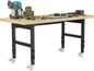 60'' Adjustable Workbench, Solid Wood Work Bench Table with Wheels and Power Outlet, Rolling Workbench Large Load Capacity Garage Workbench for Workshop,Office,Home