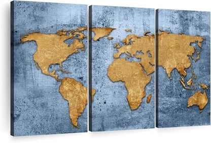 ElephantStock Azure World Map Wall Art Multi Piece Canvas - 3 Panel Wall Decor - Map of the World Art - Canvas for the Office and Home - 50" X 32"
