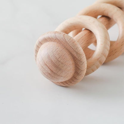 Wooden Baby Rattle, Newborn Wooden Rattle Toy, Natural Wooden Montessori Baby Grip 3 Ring Toy, Baby Gift Toy, Wood Rattle-2