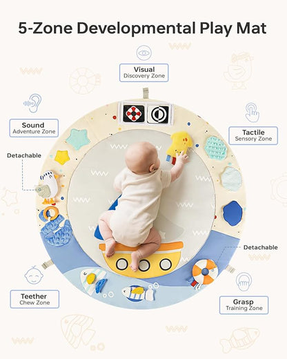 Baby Play Gym Activity Mat, 5 Developmental Zones Wooden Tummy Time Mat with 7 Detachable Sensory Toys for Motor Skills & Sensory Development, Baby Essentials Shower Gift, Easy to Install