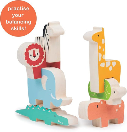 Mentari Toys - Happy Stacking Safari - 7pc Wooden Stacking Toy for Toddlers - Colorful Safari Balancing Activity Toy with Bag - Boost Fine Motor Skills and Dexterity - Educational Toy - Age 18m+