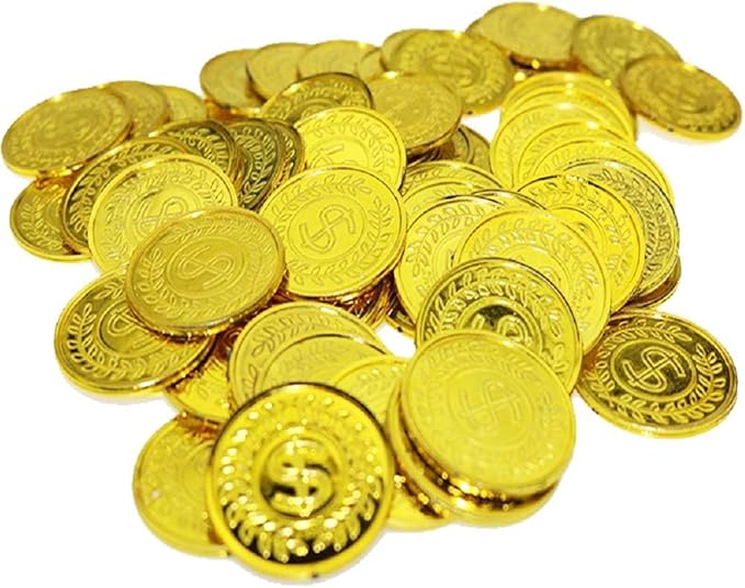 TCOTBE Pirate Gold Coins Plastic Set of 100,Play Gold Treasure Coins for Play Favor Party Supplies, Pirate Party, Treasure Hunt Game and Party Favors