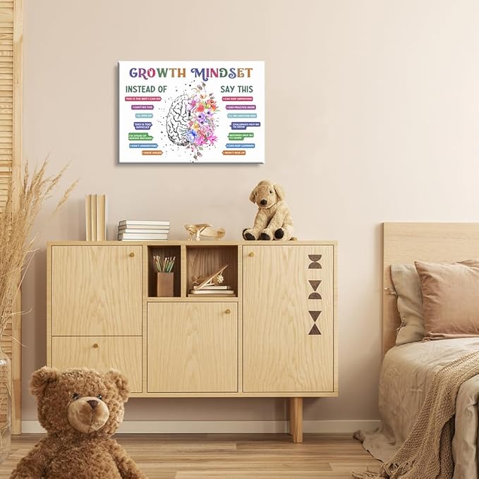 uoyien Classroom Growth Mindset Affirmations for Kids Mental Health Posters Brain Poster Psychology Special Education Calm Corner Wall Art Office Therapy Canvas Wall Decor Prints 12x16in Wood Framed