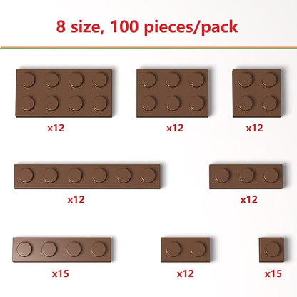 100 Pieces Classic Building Plate Assortment Pack, 8 Sizes Small Baseplates Multipacks, Compatible with Lego Parts and Pieces, Small Plate for Building(Color:Brown)