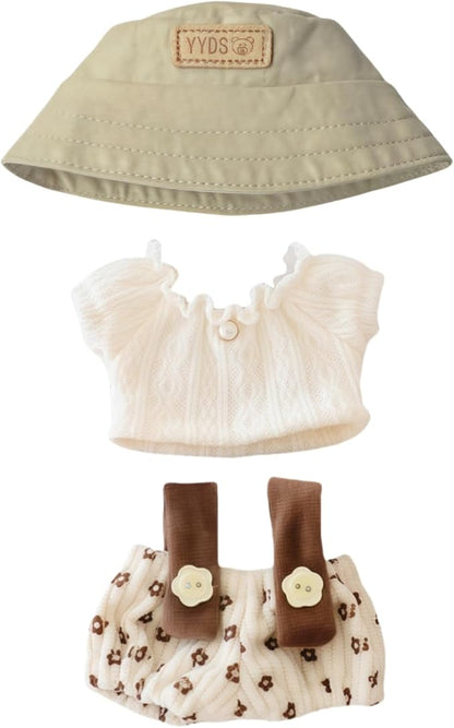 Clothes for Dolls Accessories (No Doll), Cute Outfit Set 3 Pieces Bib Pants Suitable for 15 & 17cm Doll Suit, Stylish Dress Up Overalls Doll Clothing Set Replacement with Hat Clothes Beige