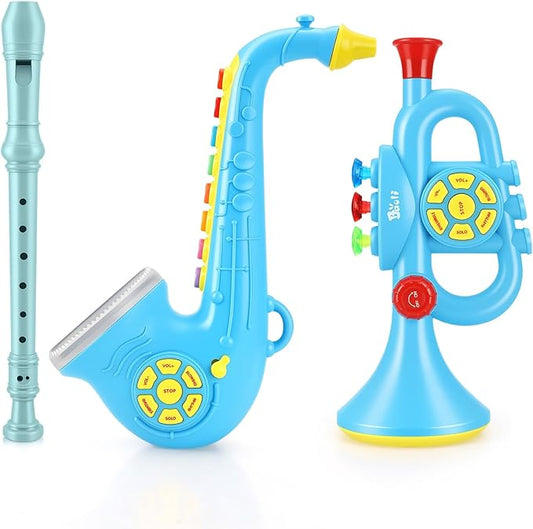 Set of 3 Toy Saxophone Kids Trumpet and Recorder Flute,Musical Instruments Set for Children,Teaching Songs Gifts with Light & Sound for Kids Ages 3-5 5-9, for Kid