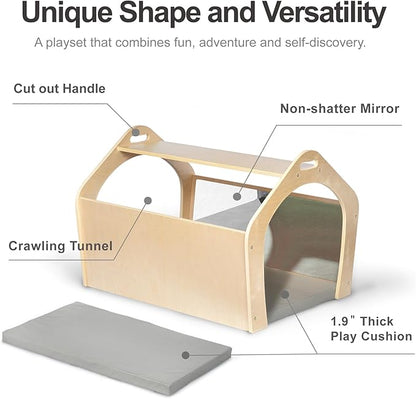Wooden Playhouse for Toddlers w/Double Non-Shatter Safety Mirrors, Montessori Crawling Tunnel/Crawl-Through Play Set for Children and Kids, Daycare and Preschool Playroom(with Cushion)