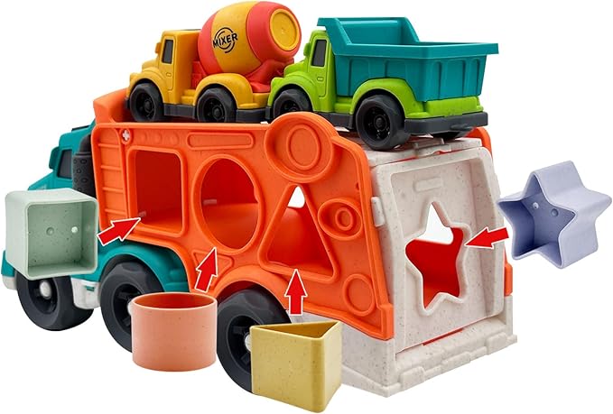3 Pcs Toddler Car Toys for 1-3 Years Old, Construction Vehicle Toys Carrier Tuck Set Includes Dump Truck, Mixer Cement, Shape Sorter, No BPA, Phthalates, PVC, Christmas Birthday Gifts for Kids