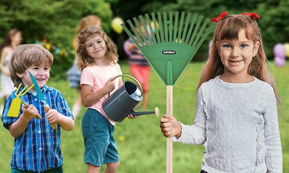 Superio Kids Rake with Hardwood Handle, Gardening and Lawn Care Tools for Kids, Sweep Leaves and Tidying Up The Garden, Plastic Tines and Heavy Duty Wooden Handle 34" 3 Pack
