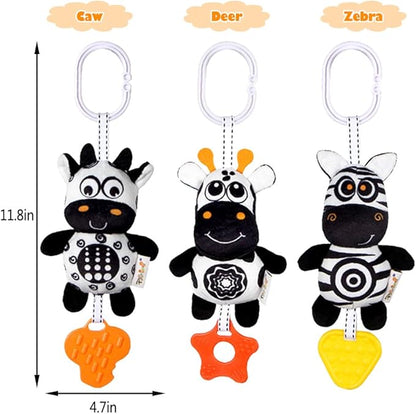 KAKIBLIN Baby Hanging Toy,3 Pack Black and White Sensory Toys for for 0 3 6 9 to 12 Months, High Contrast Soft Hanging Crinkle Squeaky Learning Toy with Teether for Boys Girls (21CM, Zebra,Deer&Cow)