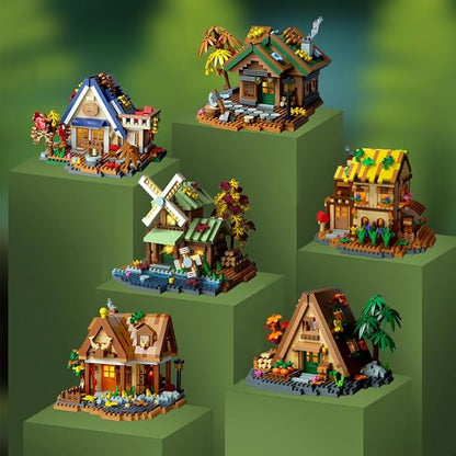 Countryside Mini Wood Cabin Micro Building Set with LED Light Wooden Forest House Block Toy with Tree Log Stem Houses Construction Model for Adults Teens Birthday Gift