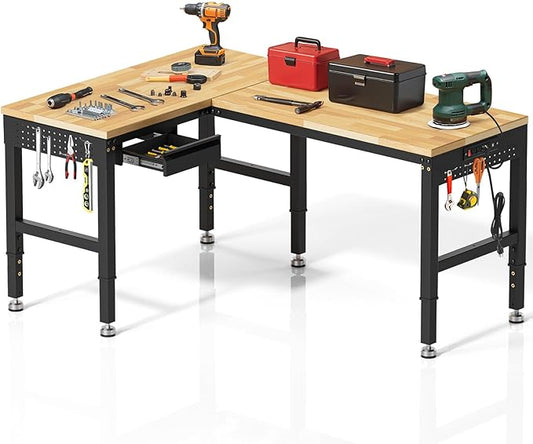 96”L-Shaped Heavy Duty Work Bench, Heights Adjustable Workbench, 5000 LBS Load Capacity, Work Benches for Garage with Power Outlet & Pegboard, Rubber Wood Work Table for Office, Workshop, Home