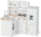 HONEY JOY Corner Kids Kitchen Playset, Little Chef Wooden Play Kitchen for Toddlers, Water Dispenser, Microwave, Range Hood, Refrigerator, Cookware, Modular Pretend Toy Kitchen Set w/Lights & Sounds