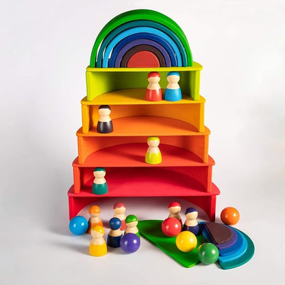 Wooden Rainbow Semicircle Stacker Toys, 11Pcs Semicircle Rainbow Stacking Puzzle, Building Blocks Board Set for Kids, Learning Creative Thinking Toys