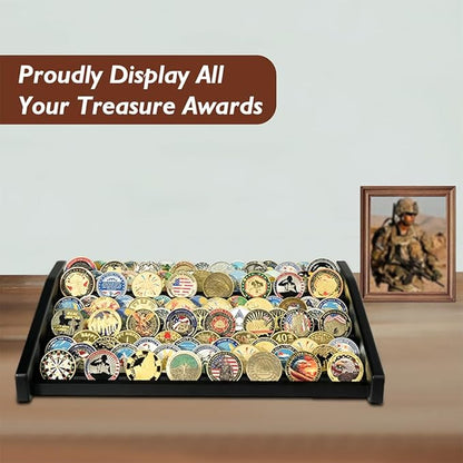 12-Row Wooden Challenge Coin Display Holder for Countertop - 3-Tier Military Coin Rack Stand Holds 90-100 Coins - Coin Display Case for Army Police Collectors, Black