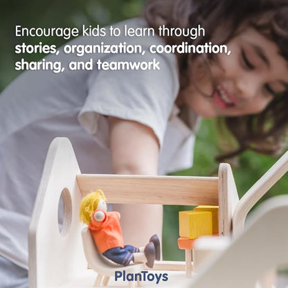 PlanToys Slide and Go Dollhouse - Chemical-Free Wooden Toy Featuring 3 Units with 20 Furniture Pieces
