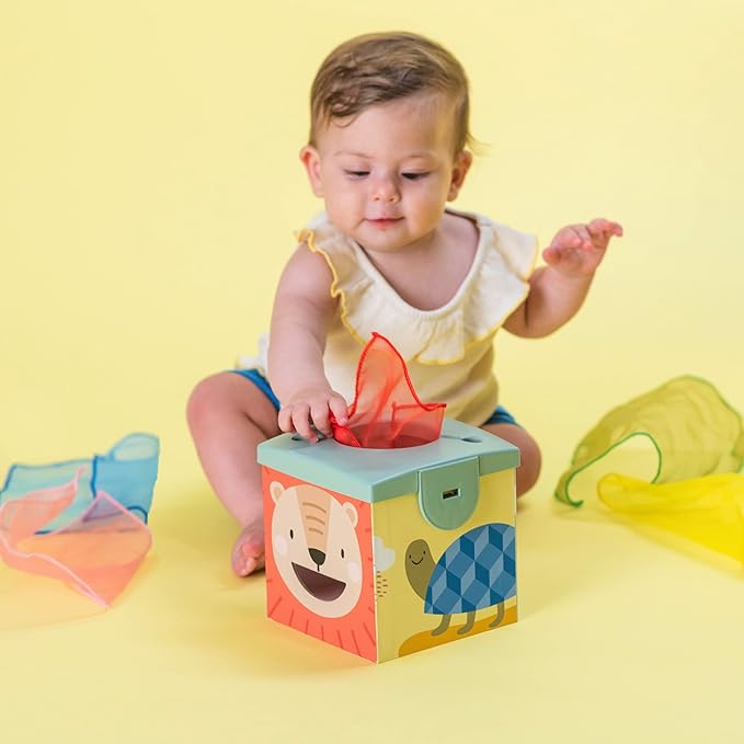 Taf Toys Sensory Baby Tissue Box, Object Permanence Box, Imaginary Play for Infants & Toddlers, Montessori Square Sensory Toys Colorful Pull Scarves, Play Balls & Cards Educational Preschool Learning