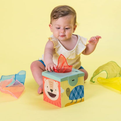 Taf Toys Sensory Baby Tissue Box, Object Permanence Box, Imaginary Play for Infants & Toddlers, Montessori Square Sensory Toys Colorful Pull Scarves, Play Balls & Cards Educational Preschool Learning