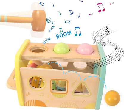 Hammering Pounding Toys Wooden Educational Toy Xylophone Shape Sorter, Birthday Gift for 3 Years Boys Girls Baby Toddler Kids Developmental Montessori Learning Toy (Yellow)