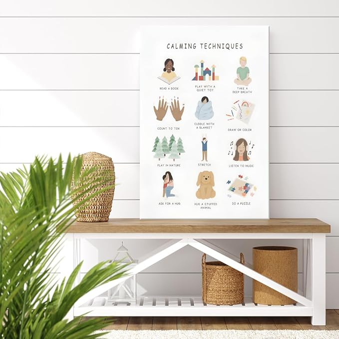 uoyien Calming Corner Classroom Mental health Poster Feelings Calming Techniques Canvas Wall Art Boho Emotions Chart for Kids Prints Special Education Wall Decor for School 16x22in Wood Framed