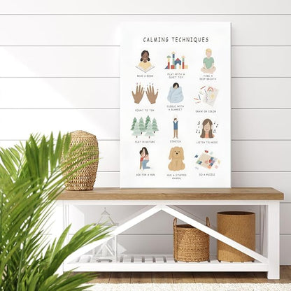 uoyien Calming Corner Classroom Mental health Poster Feelings Calming Techniques Canvas Wall Art Boho Emotions Chart for Kids Prints Special Education Wall Decor for School 16x22in Wood Framed