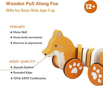 Baby Toys Car,Wooden Pull Along Toddler Toy, Developmental Toy for 1 Year Old Girl Boy Birthday Gift (Fox)