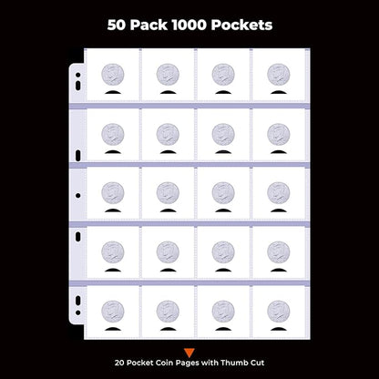 50-Sheets 20-Pocket Thumb-Cut Coin Pages - Coin Pocket Pages for 2 x 2 Inch Cardboard Coin Holders, Collecting Sleeves for Coin Flips, 1000 Pockets for Coin Binder, Coin Collection Storage Supplies