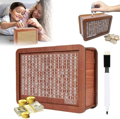 Wooden Coin Bank Money Saving Box, Cash Vault Wooden Savings Box, Wooden Digital Piggy Bank with Counting Target, Money Vault Savings for Boys and Girls (10000 Savings Challenge Box)