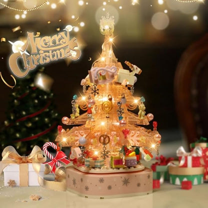 Christmas Tree Building Blocks Set, 675 PCS Pink Crystal Music Box with LED Light Adult Idea Kids Girls Toy 8-12