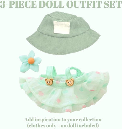 Clothes for 17cm Doll (Clothes Only) – 3-Piece Outfit Set with Hat, Green Dress and Flower Accessory for an Adorable Dressed-Up Look – 17cm Doll Accessories