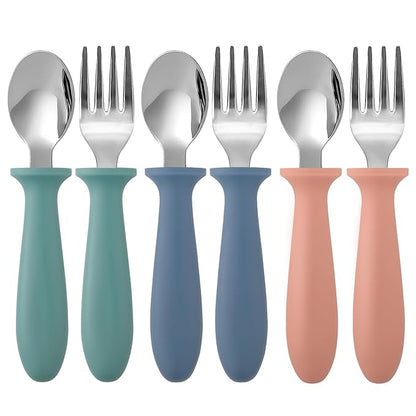 Pimoys 6 Pieces Toddler Utensils, Kids Silverware Set with Plastic Handle Stainless Steel Children Forks and Spoons, Dishwasher Safe