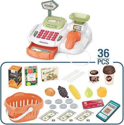 Pretend Play Cash Register Toy with Functional Caculator Cashier Scanner Toy Supermarket with Simulate Food Fruit etc Kids Grocery Store Play Money Food Shop Toy Educational Playset for Kids