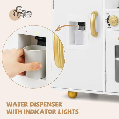 INFANS Kid Kitchen Playset, Toddler Wooden Pretend Cooking Set with Realistic Light & Sound, Stove, Sink, Microwave, Storage Cabinet, Play Kitchen Toy Set for Children Boys Girls (Gold)