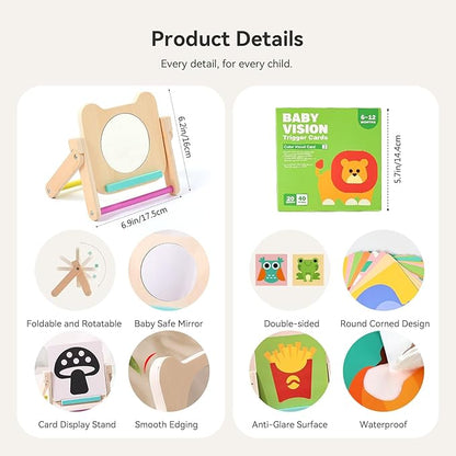 Rotating Baby Safe Mirror with 120 Pages Visual Stimulation Cards - Wooden Tummy Time Mirror Toys - Black White Red and Color High Contrast Baby Flashcards for Brain and Cognitive Development
