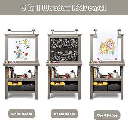 Costzon Kids Art Easel, 3 in 1 Double-Sided Wooden Easel w/Magnetic Whiteboard, Chalkboard & Paper Roll, 2-Tier Rack w/ 2 Storage Boxes, Standing Easel for Kids, Toddlers, Boys, Girls (Grey)