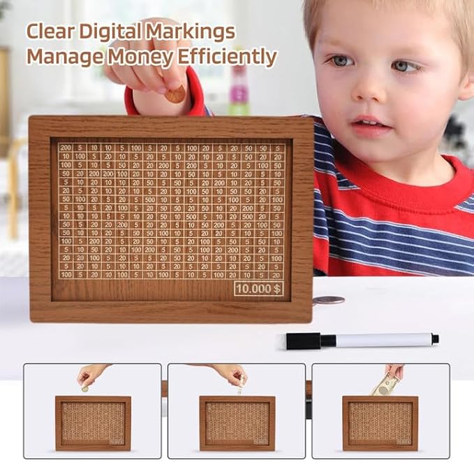 10000 Savings Challenge Box, Money Saving Box with Money Target and Numbers, Cash Vault Wooden Savings Box, Wooden Money Box, Coin Counter Piggy Bank for Adults, Wooden Coin Bank for Kids 3,000