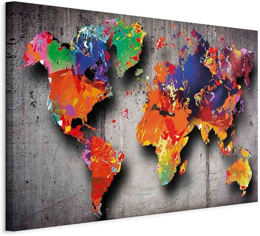 artgeist Canvas Wall Art World Map 24x16 in - 1pcs Home Decor Framed Stretched Picture Photo Painting Artwork Image - Map Worldmap Continents Grey Colorful k-A-0507-b-a