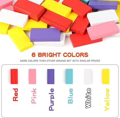 Wondertoys 600 PCS Dominoes Set for Kids Wooden Building Blocks 6 Colors Bulk Dominoes Racing Tile Games Educational Toy for Kids Birthday Party with 11 Add-on Blocks and 1 Storage Bag