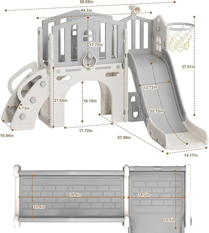 KORIMEFA 7 in 1 Toddler Slide Playset, Kid Slide for Toddlers Age 1-3 with Ring Toss, Basketball Hoop, and Telescope, Indoor Outdoor Slide Toddler Playset Playground, Gray